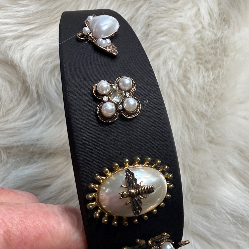 Bee pearl Headband black baroque inspired faux pearls gold tone Victorian *flaw - Picture 8 of 17